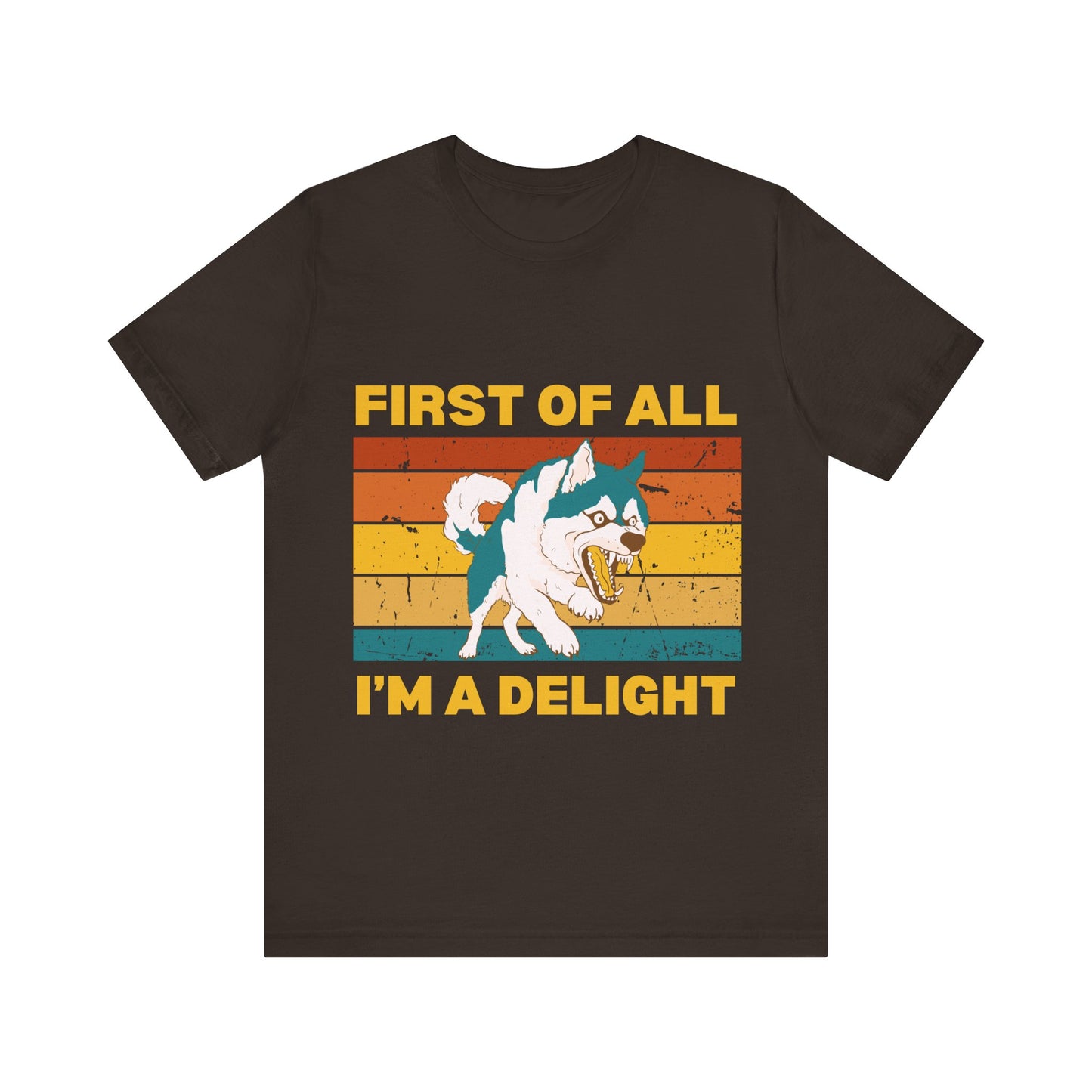 Retro Sunset Synergy Dog T-Shirt – Funny 'First of All, I'm a Delight' Graphic Tee