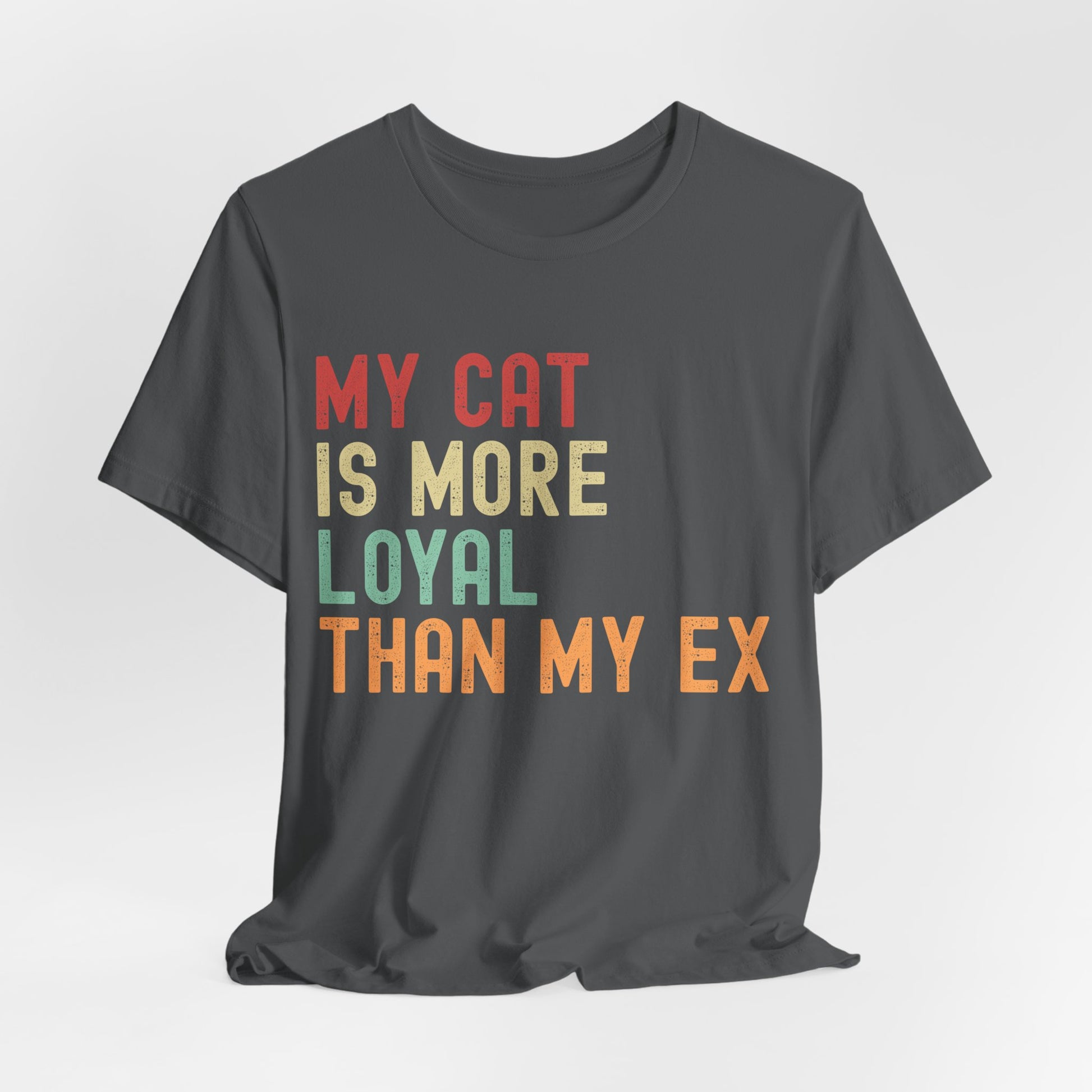 Funny unisex cat lover t-shirt with 'My Cat Is More Loyal Than My Ex' text design in Asphalt