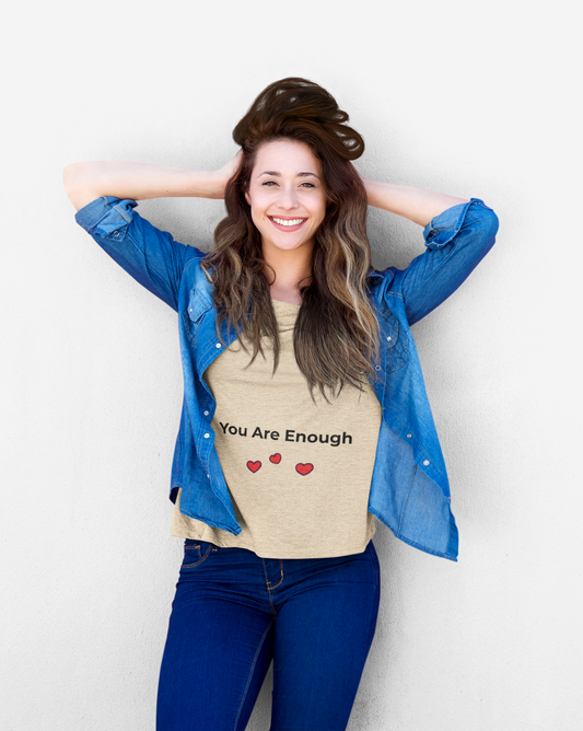 Model wearing You Are Enough t-shirt in soft pastel color – mental health awareness shirt