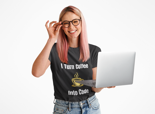Person wearing Coffee > Code t-shirt – funny tech shirt for programmers and developers