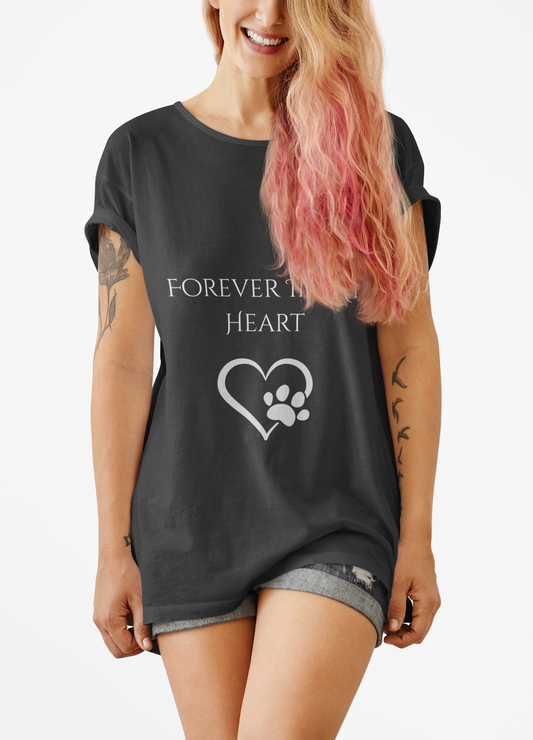 Model wearing Forever In My Heart pet memorial t-shirt – tribute shirt for lost dog or cat