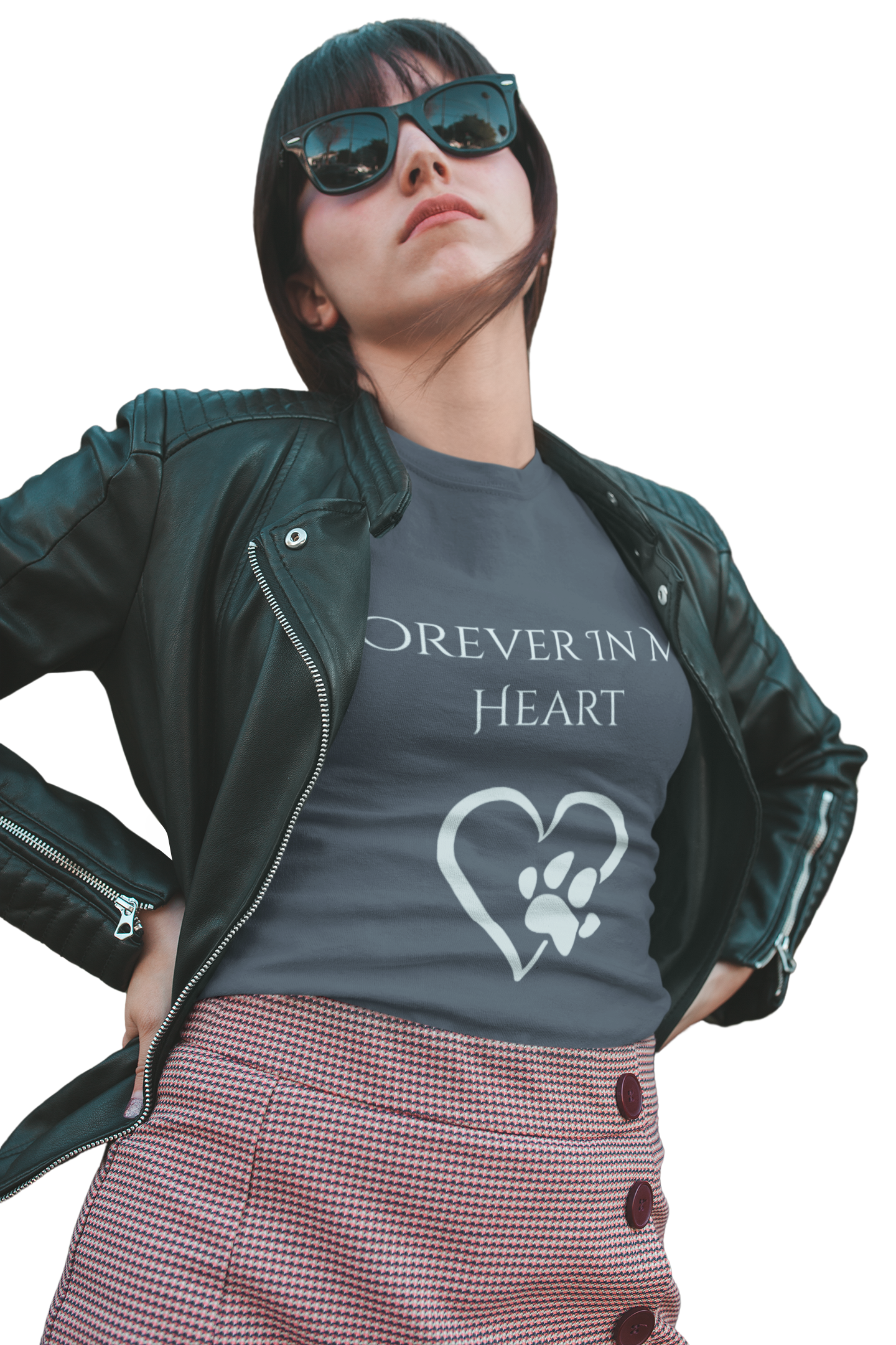 Model wearing Forever In My Heart pet memorial t-shirt – tribute shirt for lost dog or cat
