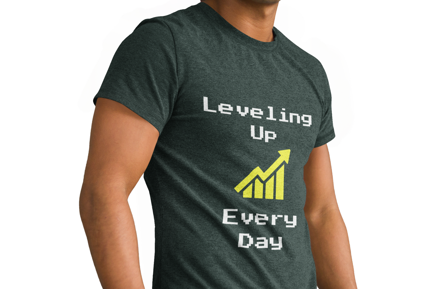 Person wearing Leveling Up Every Day t-shirt – motivational gaming shirt for gamers and streamers