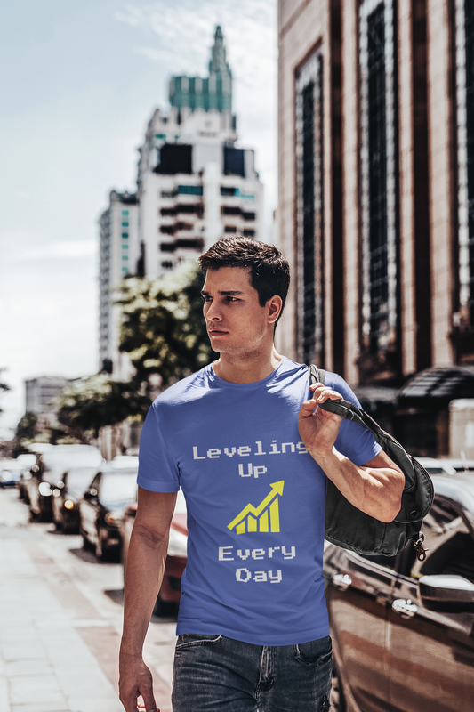 Person wearing Leveling Up Every Day t-shirt – motivational gaming shirt for gamers and streamers