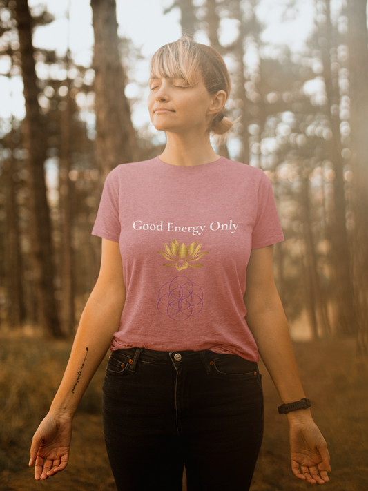 Model wearing Good Energy Only t-shirt – mindfulness and positive vibes spiritual shirt