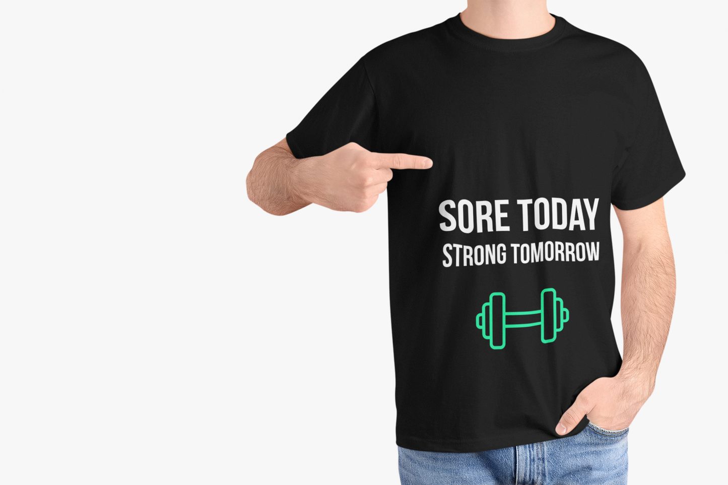 Person wearing Sore Today Strong Tomorrow fitness motivation t-shirt – unisex workout shirt for gym enthusiasts