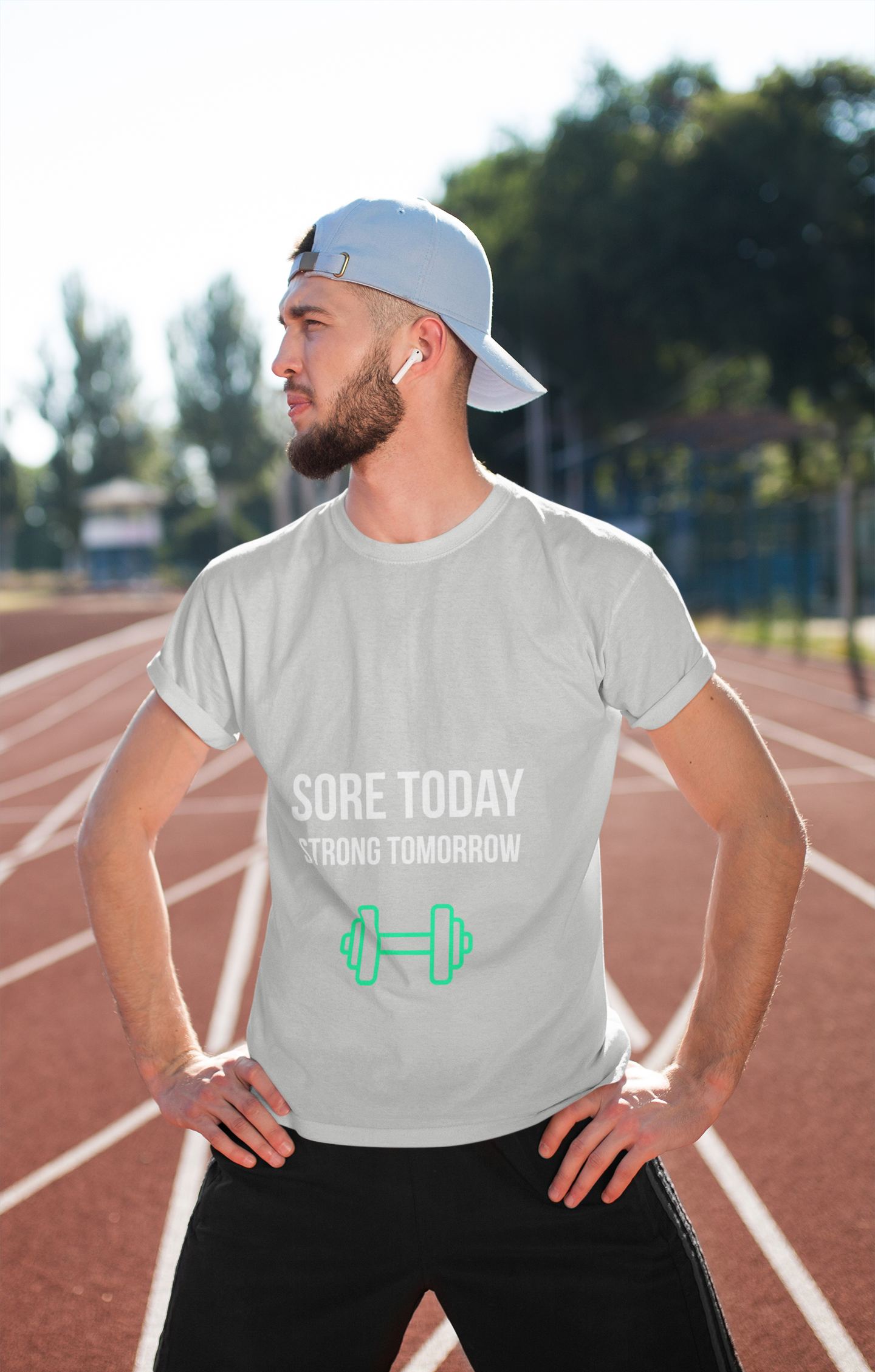 Person wearing Sore Today Strong Tomorrow fitness motivation t-shirt – unisex workout shirt for gym enthusiasts