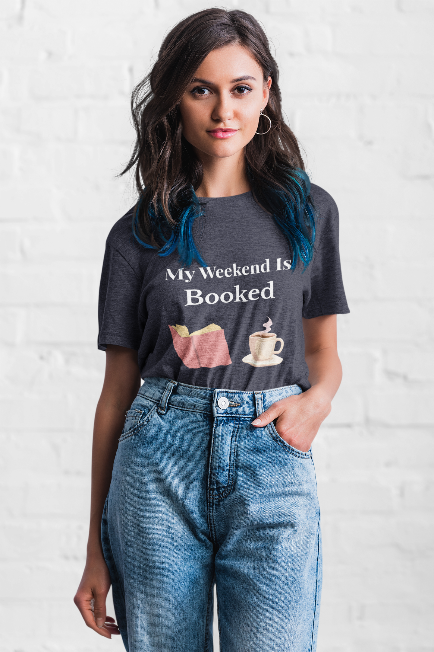 Person wearing My Weekend Is Booked t-shirt – funny unisex book lover shirt for readers and introverts