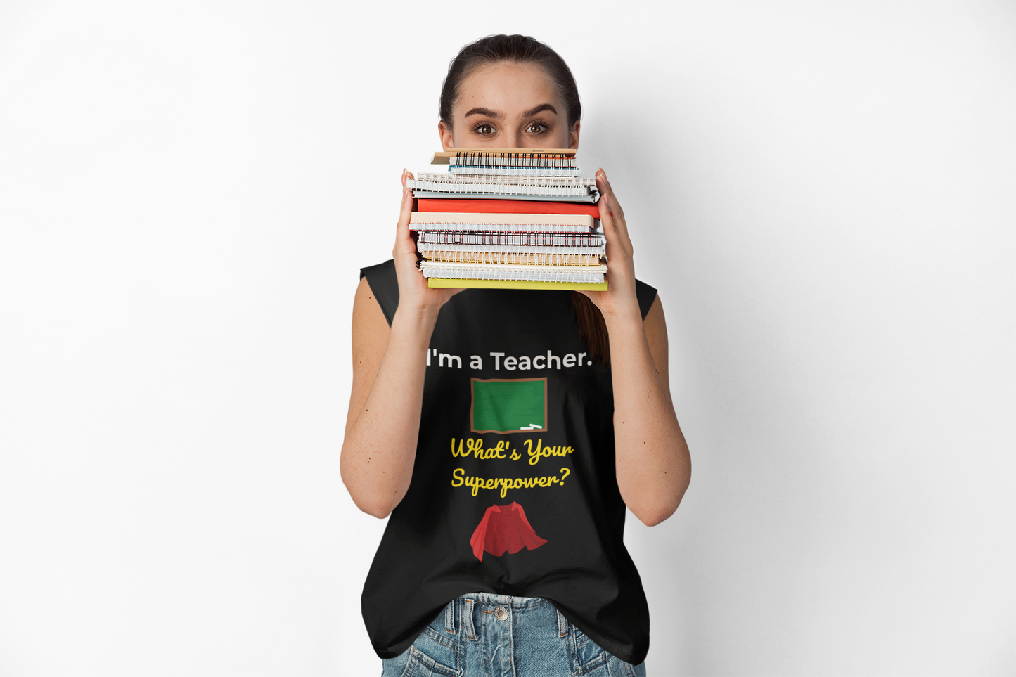 Teacher wearing funny superpower t-shirt – inspirational gift for back to school or classroom wear