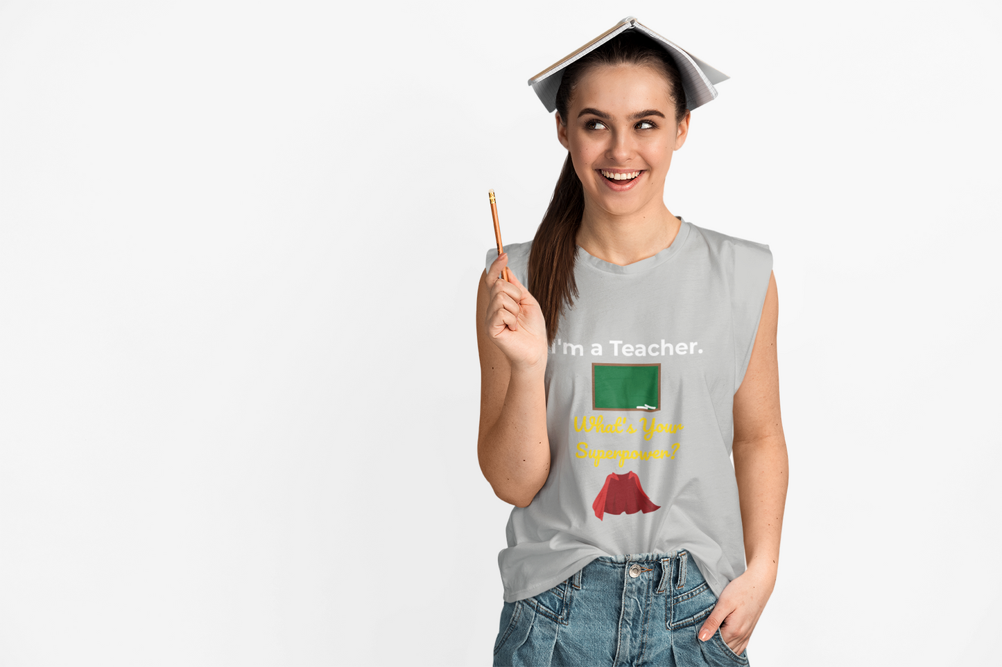 Teacher wearing funny superpower t-shirt – inspirational gift for back to school or classroom wear