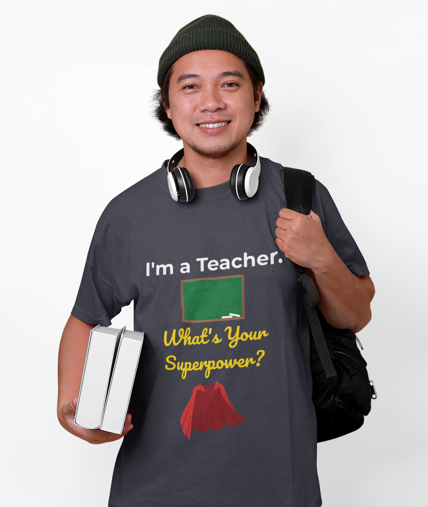 Teacher wearing funny superpower t-shirt – inspirational gift for back to school or classroom wear