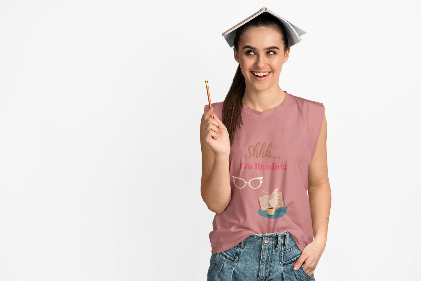 Model wearing Shhh I’m Reading t-shirt – funny gift for book lovers, introverts, and readers