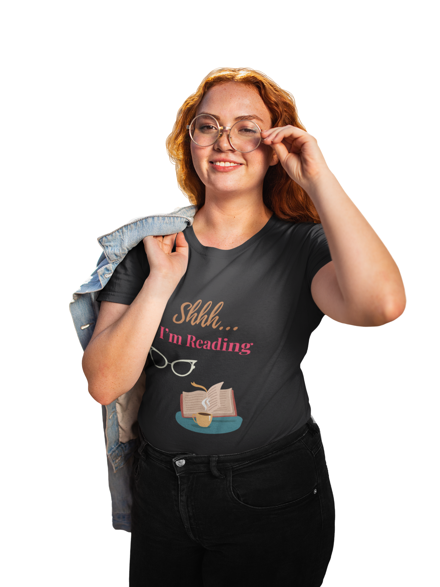 Model wearing Shhh I’m Reading t-shirt – funny gift for book lovers, introverts, and readers