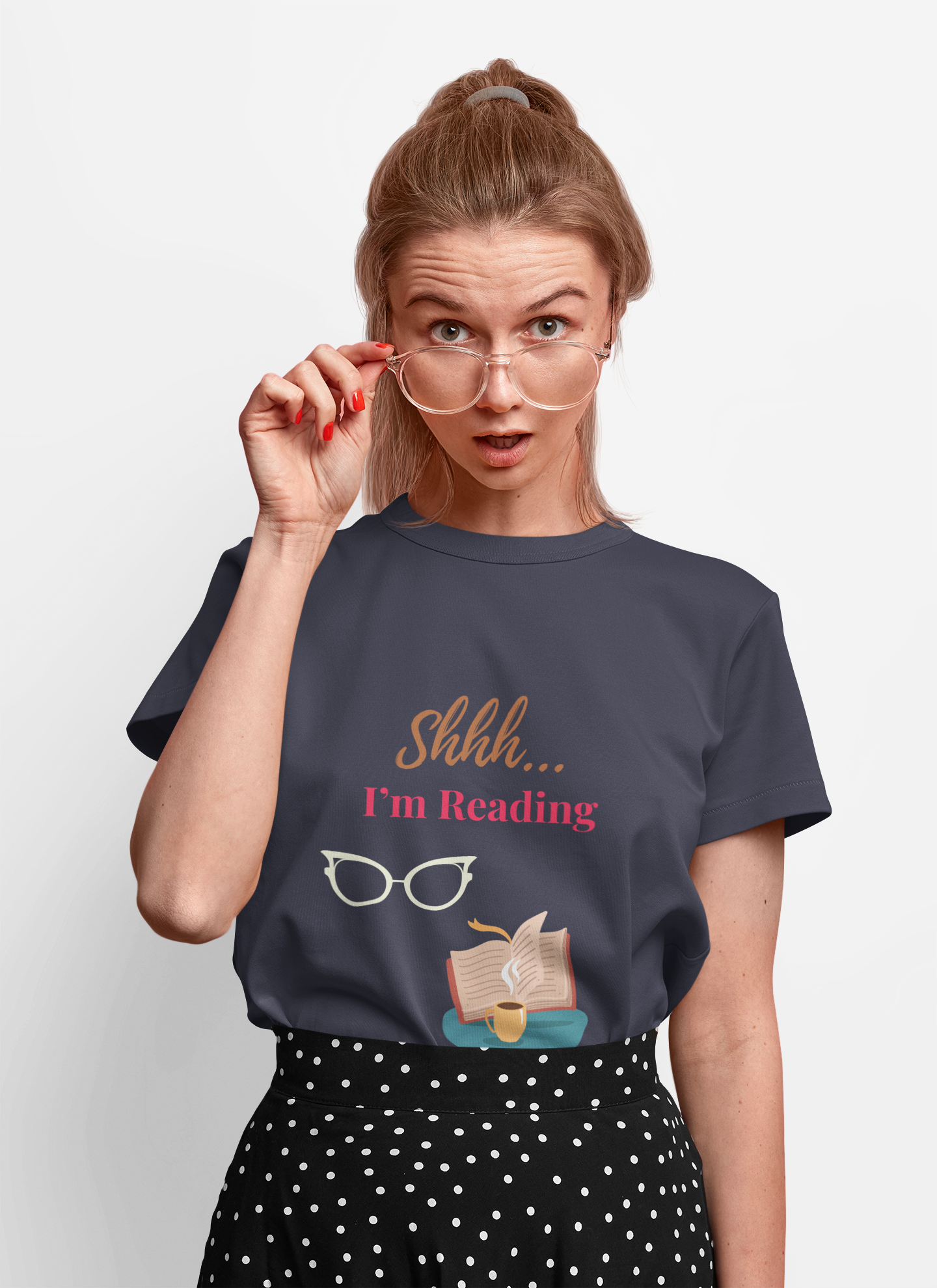 Model wearing Shhh I’m Reading t-shirt – funny gift for book lovers, introverts, and readers