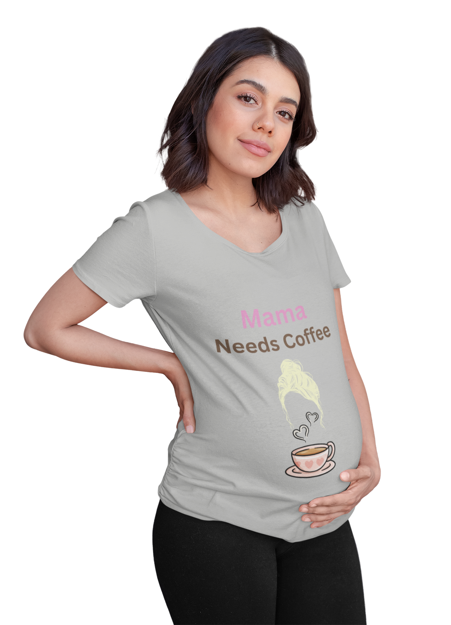 Model wearing Mama Needs Coffee t-shirt – funny gift for tired moms and coffee drinkers