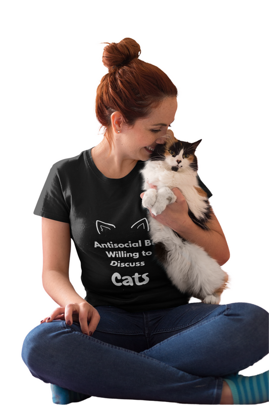 Model wearing funny antisocial cat lover t-shirt – cute sarcastic quote shirt for introverts and animal lovers