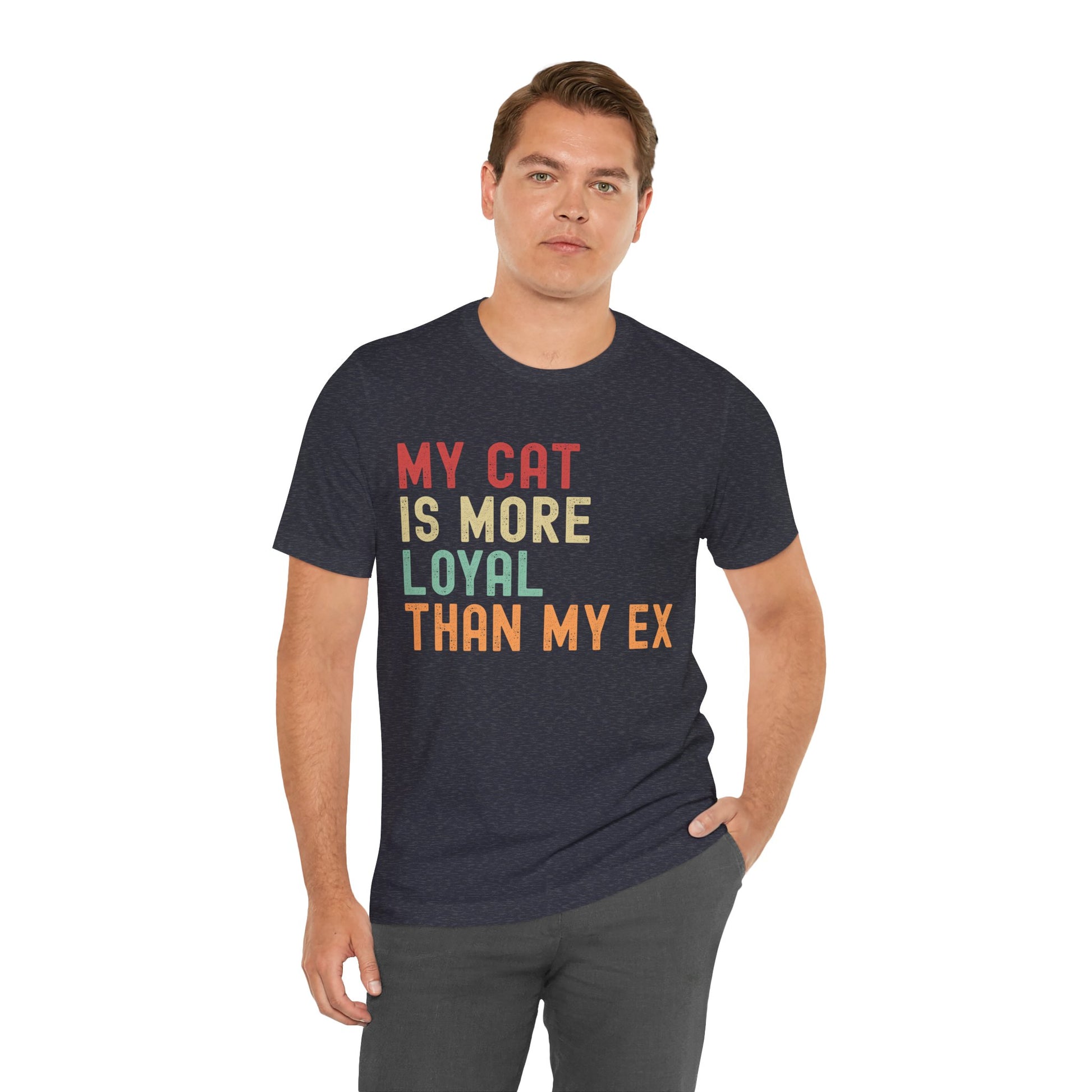 Funny unisex cat lover t-shirt with 'My Cat Is More Loyal Than My Ex' text design in Heather Navy