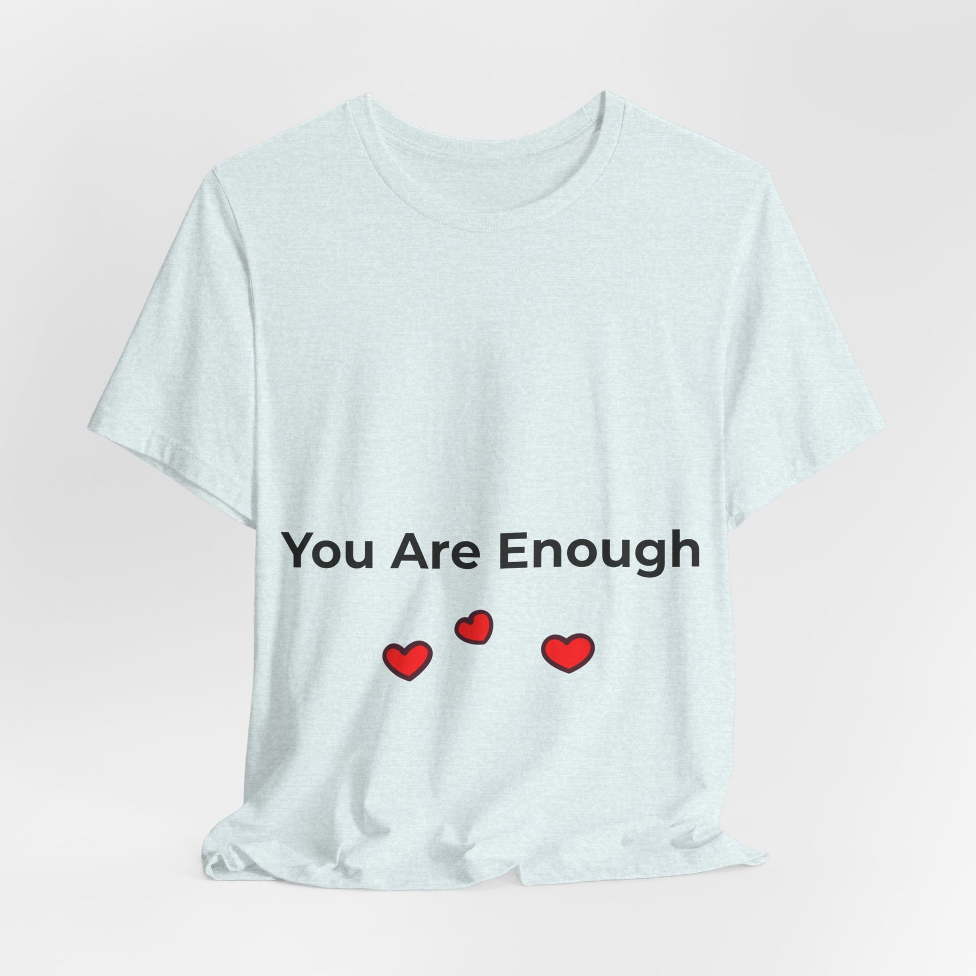 Model wearing You Are Enough t-shirt in soft pastel color – mental health awareness shirt
