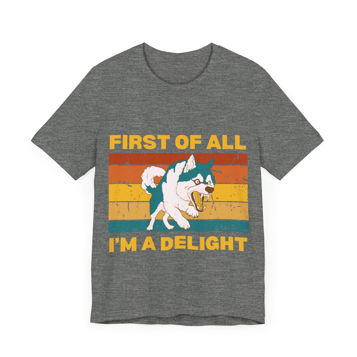 Retro Sunset Synergy Dog T-Shirt – Funny 'First of All, I'm a Delight' Graphic Tee